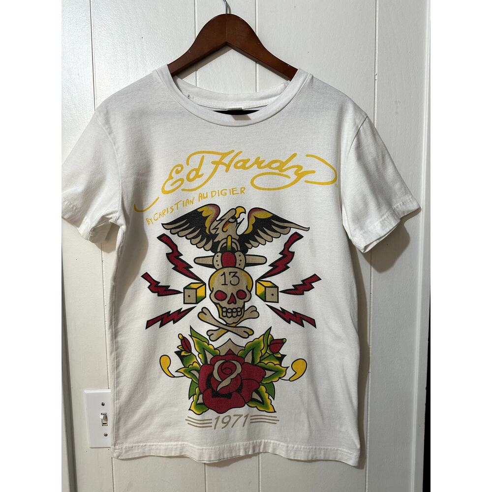 Vintage Ed Hardy Christian Audigier Y2K Skull Eagle Rose Tattoo Tee White M